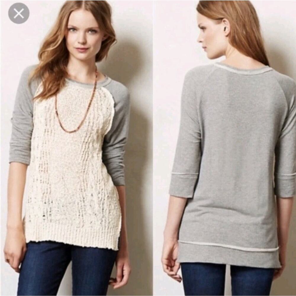 Dolan Anthropologie Womens M Boho Gray 3/4 Sleeve Sweater Cream Crocheted Top